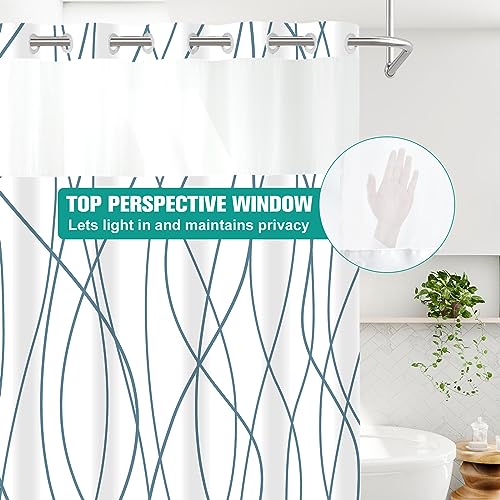 LXBNI No Hook Navy Blue Striped Shower Curtain with Snap in Fabric Liner Set - Hotel Shower Curtain and Liner Set with See Through Mesh Top Window,Machine Washable, 71x74 INCH