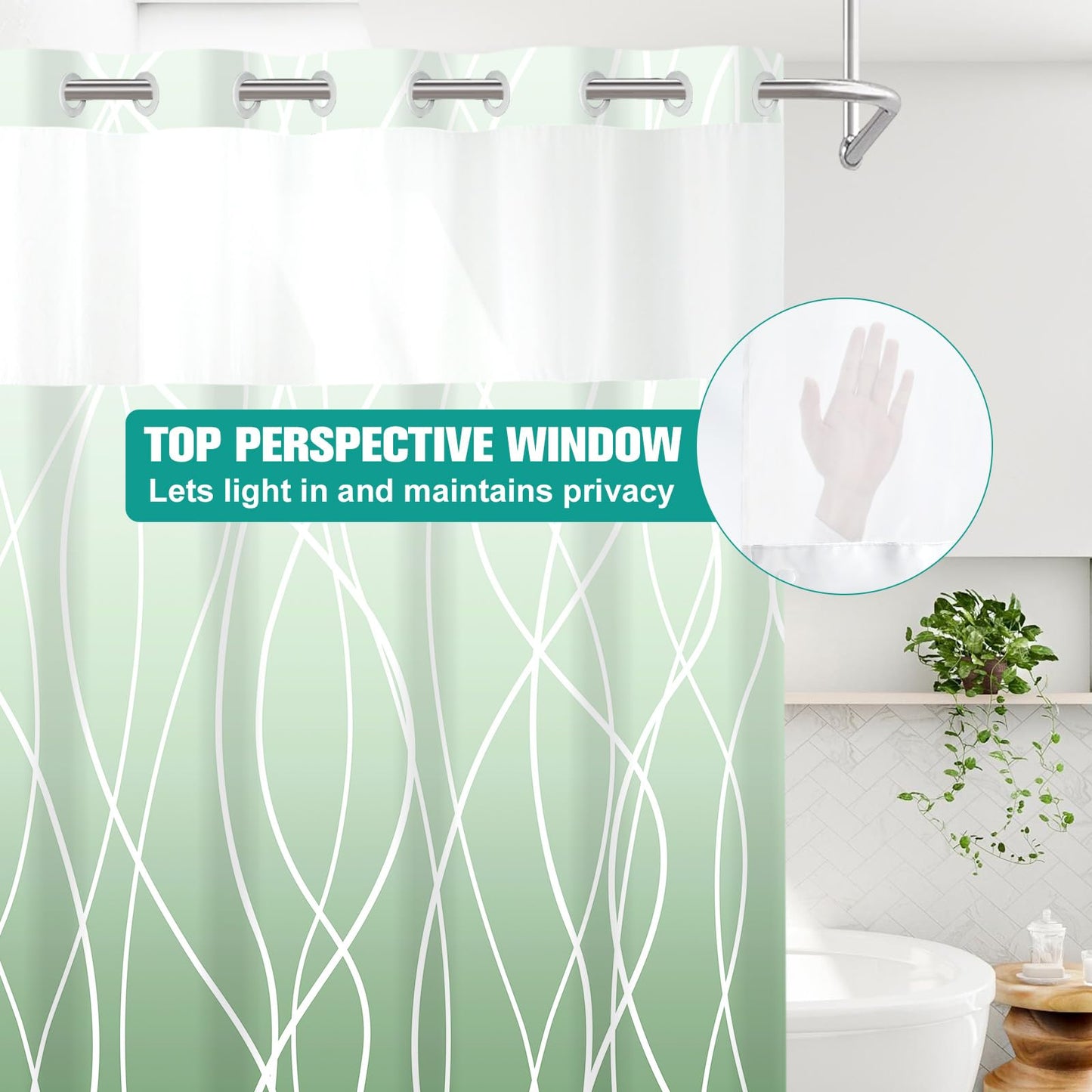 LXBNI No Hook Ombre Green Striped Shower Curtain with Snap in Fabric Liner Set - Hotel Shower Curtain and Liner Set with See Through Mesh Top Window,Machine Washable, 71x74 INCH
