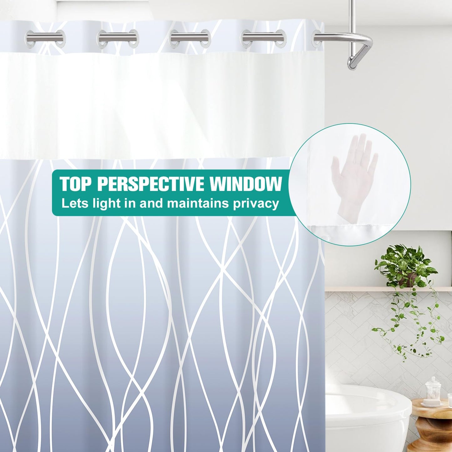 LXBNI No Hook Ombre Blue Striped Shower Curtain with Snap in Fabric Liner Set - Hotel Shower Curtain and Liner Set with See Through Mesh Top Window,Machine Washable, 71x74 INCH
