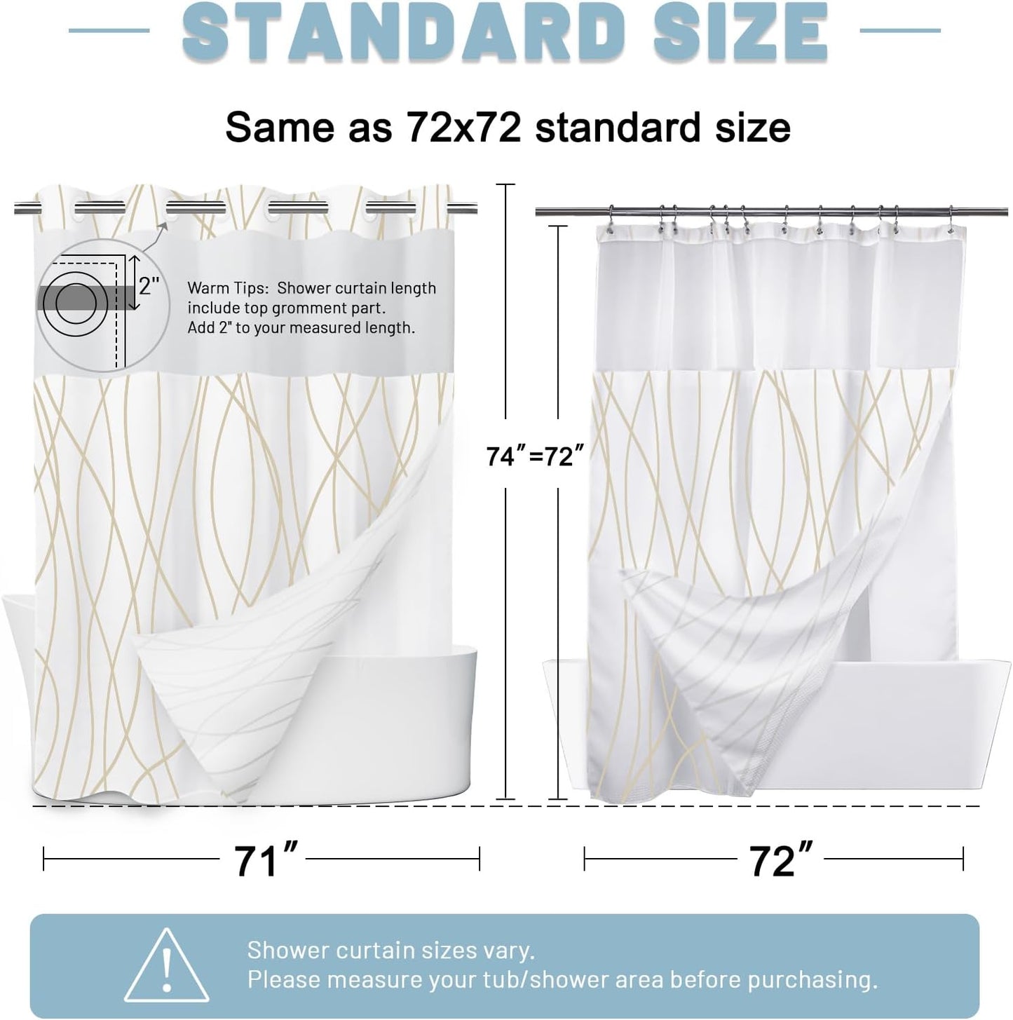 LXBNI No Hook Beige Khaki Striped Shower Curtain with Snap in Liner Set - Hotel Shower Curtain and Liner Set with See Through Mesh Top Window,Machine Washable, 71x74 INCH