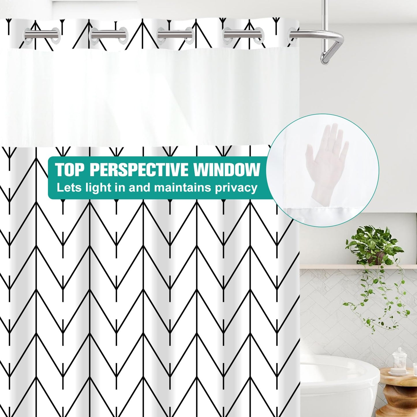 No Hook Geometric Striped Shower Curtain with Snap in Fabric Liner Set - Hotel Shower Curtain and Liner Set with See Through Mesh Top Window,Machine Washable, 71x74 INCH - Black & White Herringbone