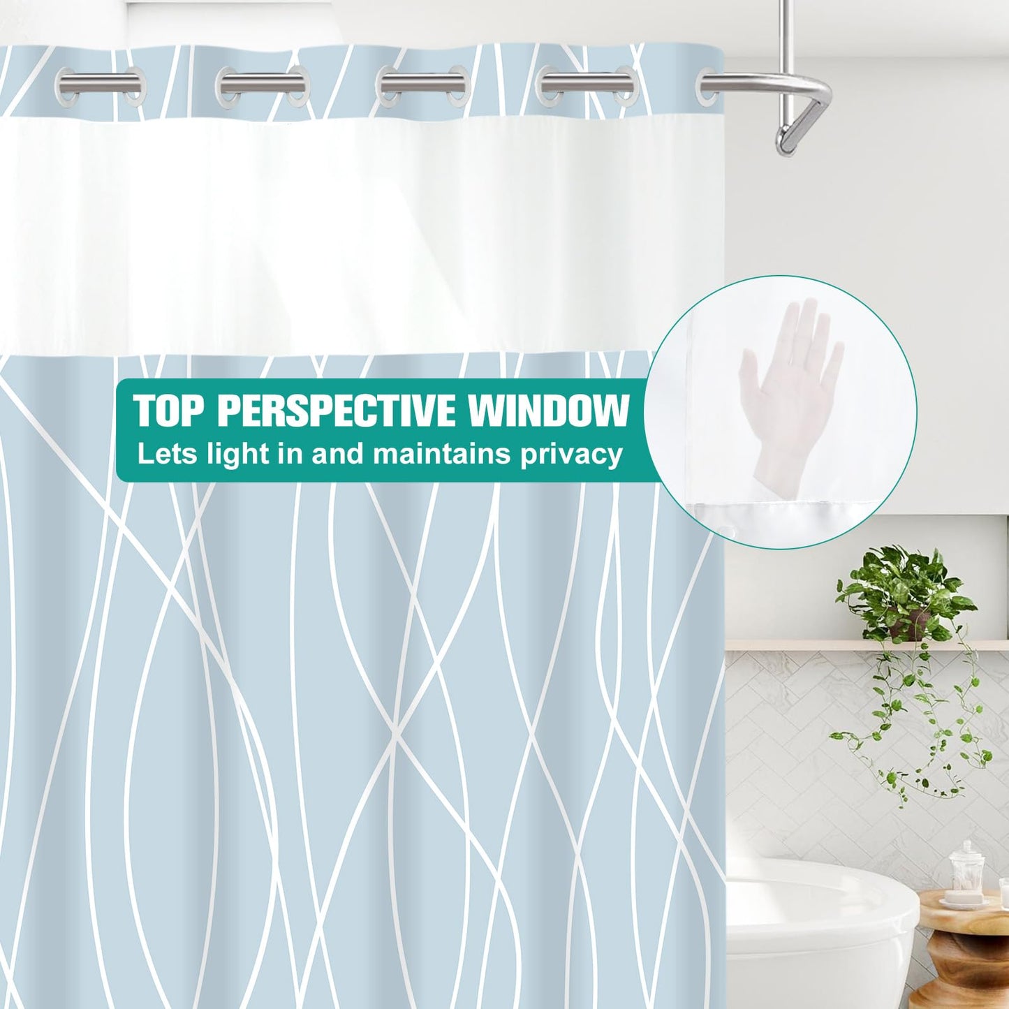 LXBNI No Hook Light Blue Striped Shower Curtain with Snap in Fabric Liner Set - Hotel Shower Curtain and Liner Set with See Through Mesh Top Window,Machine Washable, 71x74 INCH