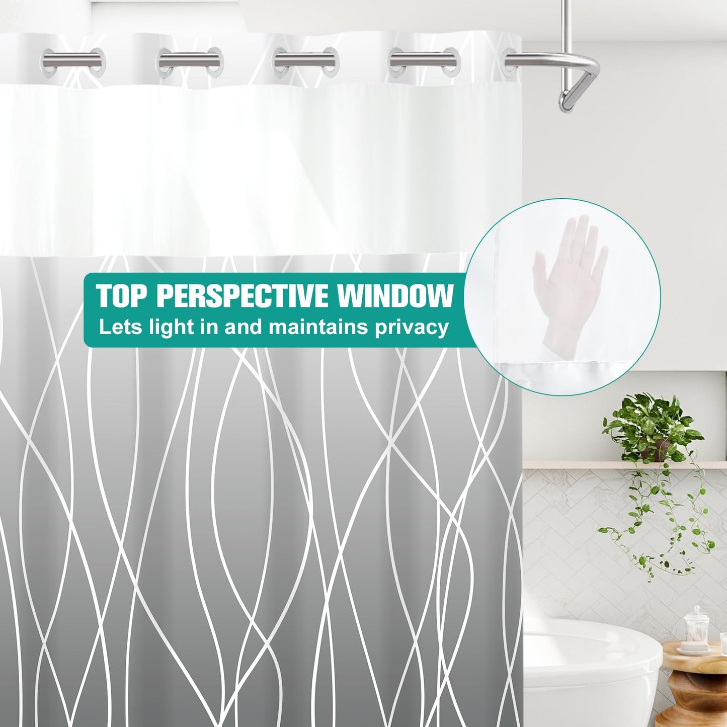 LXBNI No Hook Ombre Grey Striped Shower Curtain with Snap in Fabric Liner Set - Hotel Shower Curtain and Liner Set with See Through Mesh Top Window,Machine Washable, 71x74 INCH