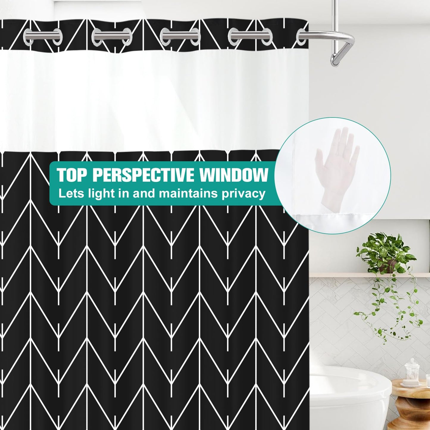 No Hook Geometric Striped Shower Curtain with Snap in Fabric Liner Set - Hotel Shower Curtain and Liner Set with See Through Mesh Top Window,Machine Washable, 71x74 INCH - Black White Herringbone