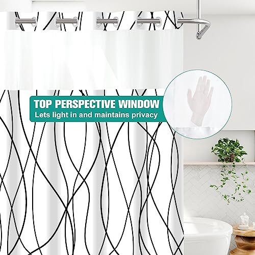 LXBNI No Hook Black and White Striped Shower Curtain with Snap in Fabric Liner Set - Hotel Shower Curtain and Liner Set with See Through Mesh Top Window,Machine Washable, 71x74 INCH