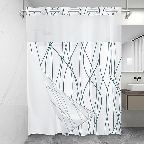 LXBNI No Hook Navy Blue Striped Shower Curtain with Snap in Fabric Liner Set - Hotel Shower Curtain and Liner Set with See Through Mesh Top Window,Machine Washable, 71x74 INCH