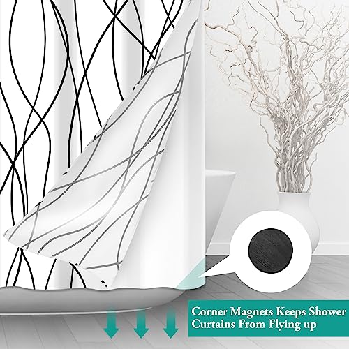 LXBNI No Hook Black and White Striped Shower Curtain with Snap in Fabric Liner Set - Hotel Shower Curtain and Liner Set with See Through Mesh Top Window,Machine Washable, 71x74 INCH