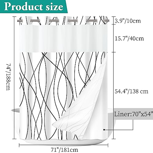 LXBNI No Hook Black and White Striped Shower Curtain with Snap in Fabric Liner Set - Hotel Shower Curtain and Liner Set with See Through Mesh Top Window,Machine Washable, 71x74 INCH