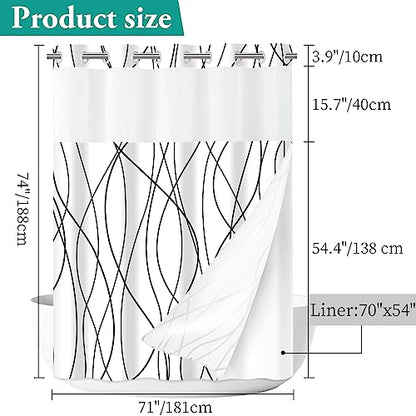 LXBNI No Hook Black and White Striped Shower Curtain with Snap in Fabric Liner Set - Hotel Shower Curtain and Liner Set with See Through Mesh Top Window,Machine Washable, 71x74 INCH