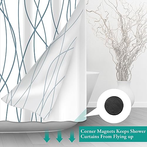 LXBNI No Hook Navy Blue Striped Shower Curtain with Snap in Fabric Liner Set - Hotel Shower Curtain and Liner Set with See Through Mesh Top Window,Machine Washable, 71x74 INCH