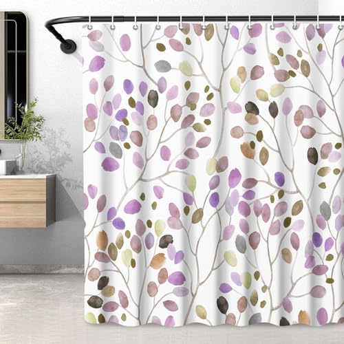 LXBNI Floral Shower Curtain, Colorful Botanical Flower Leaves Bohemian Shower Curtain with Plastic Hooks, Decorative Waterproof Polyester Curtain 72x72 Inches, Plum