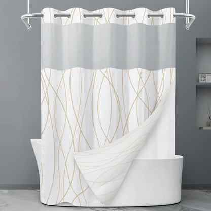 LXBNI No Hook Beige Khaki Striped Shower Curtain with Snap in Liner Set - Hotel Shower Curtain and Liner Set with See Through Mesh Top Window,Machine Washable, 71x74 INCH