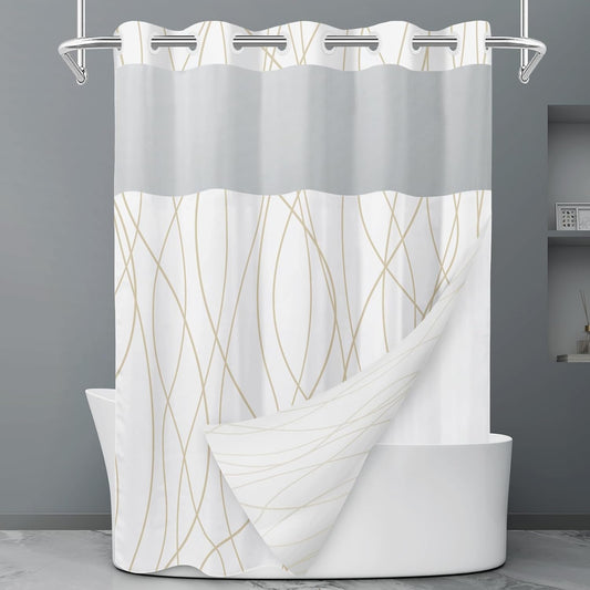 LXBNI No Hook Beige Khaki Striped Shower Curtain with Snap in Liner Set - Hotel Shower Curtain and Liner Set with See Through Mesh Top Window,Machine Washable, 71x74 INCH