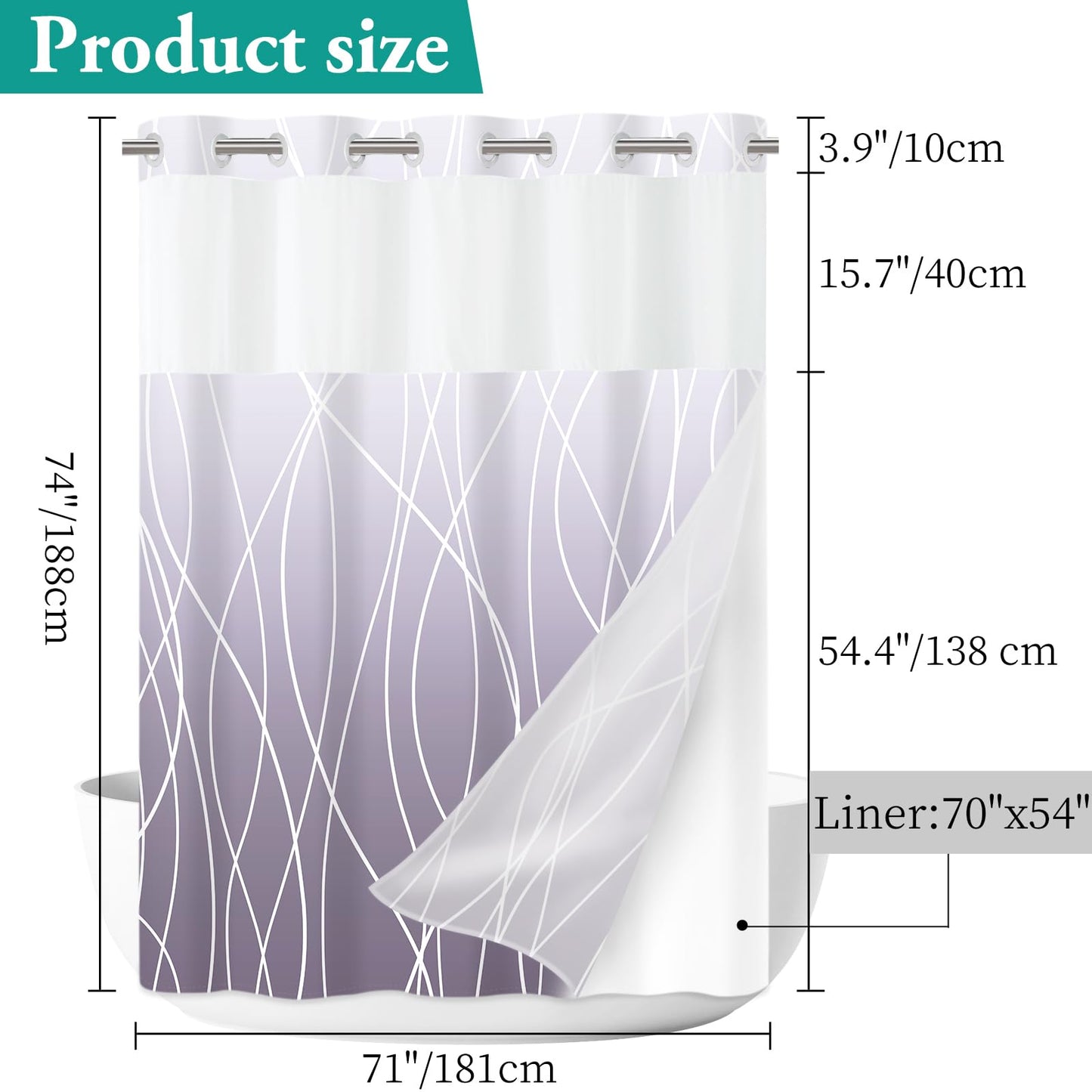 LXBNI No Hook Ombre Purple Striped Shower Curtain with Snap in Fabric Liner Set - Hotel Shower Curtain and Liner Set with See Through Mesh Top Window,Machine Washable, 71x74 INCH