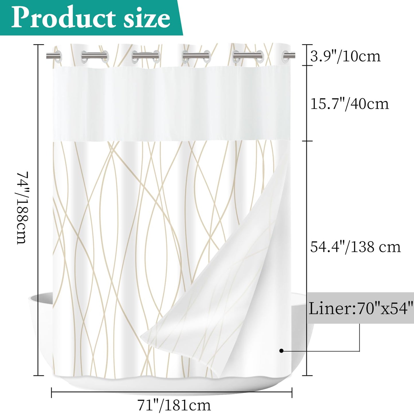 LXBNI No Hook Beige Khaki Striped Shower Curtain with Snap in Fabric Liner Set - Hotel Shower Curtain and Liner Set with See Through Mesh Top Window,Machine Washable, 71x74 INCH