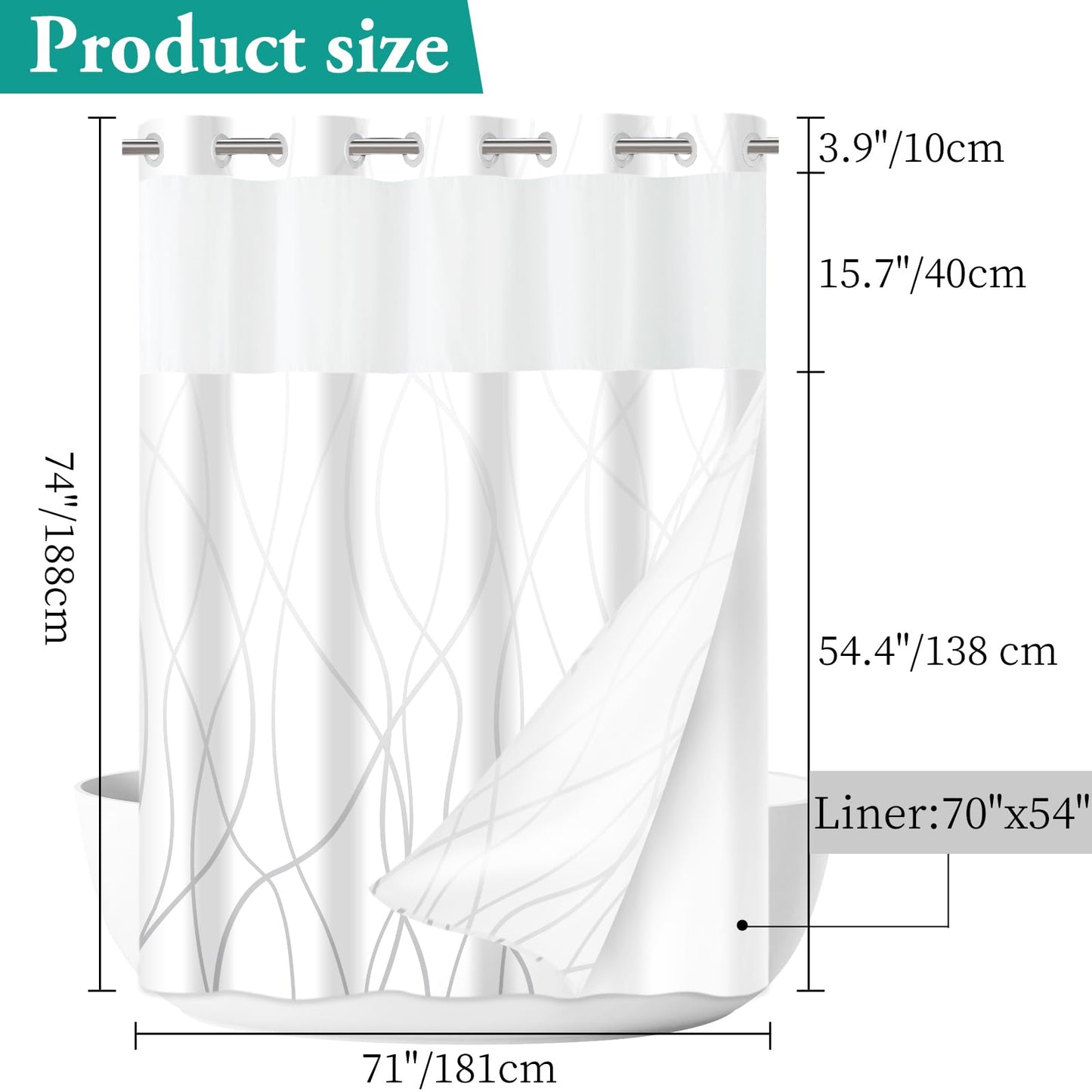 LXBNI No Hook Ombre Grey White Striped Shower Curtain with Snap in Fabric Liner Set - Hotel Shower Curtain and Liner Set with See Through Mesh Top Window,Machine Washable, 71x74 INCH