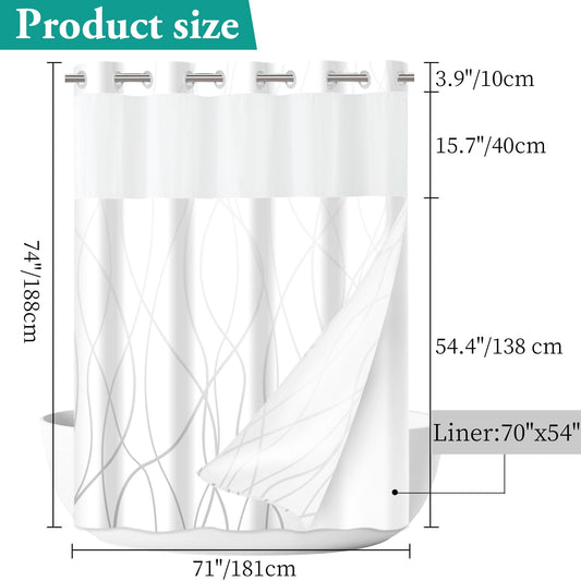LXBNI No Hook Ombre Grey White Striped Shower Curtain with Snap in Fabric Liner Set - Hotel Shower Curtain and Liner Set with See Through Mesh Top Window,Machine Washable, 71x74 INCH