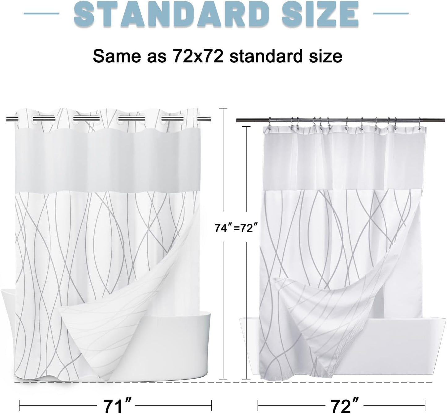 LXBNI No Hook Grey White Striped Shower Curtain with Snap in Fabric Liner Set - Hotel Liner Set with See Through Mesh Top Window,Machine Washable, 71x74 INCH