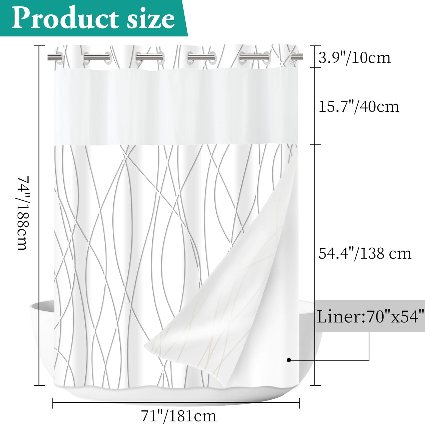 LXBNI No Hook Grey Shadow Striped Shower Curtain with Snap in Fabric Liner Set - Hotel Shower Curtain and Liner Set with See Through Mesh Top Window,Machine Washable, 71x74 INCH