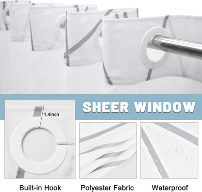 LXBNI No Hook Grey White Striped Shower Curtain with Snap in Fabric Liner Set - Hotel Liner Set with See Through Mesh Top Window,Machine Washable, 71x74 INCH
