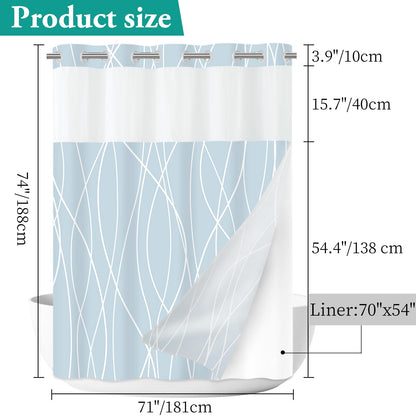 LXBNI No Hook Light Blue Striped Shower Curtain with Snap in Fabric Liner Set - Hotel Shower Curtain and Liner Set with See Through Mesh Top Window,Machine Washable, 71x74 INCH