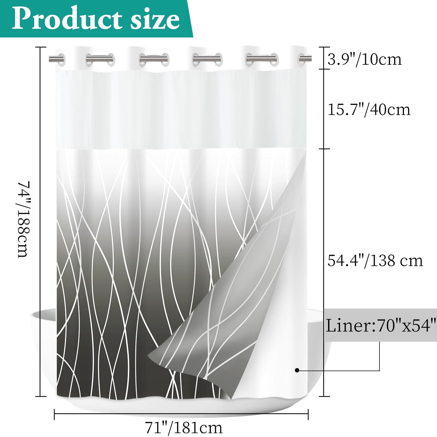 LXBNI No Hook Ombre Dark Grey Striped Shower Curtain with Snap in Fabric Liner Set - Hotel Shower Curtain and Liner Set with See Through Mesh Top Window,Machine Washable, 71x74 INCH