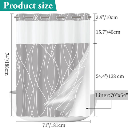 LXBNI No Hook Light Grey Striped Shower Curtain with Snap in Fabric Liner Set - Hotel Shower Curtain and Liner Set with See Through Mesh Top Window,Machine Washable, 71x74 INCH