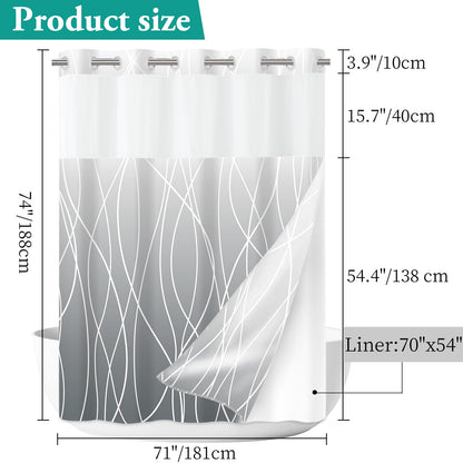 LXBNI No Hook Ombre Grey Striped Shower Curtain with Snap in Fabric Liner Set - Hotel Shower Curtain and Liner Set with See Through Mesh Top Window,Machine Washable, 71x74 INCH