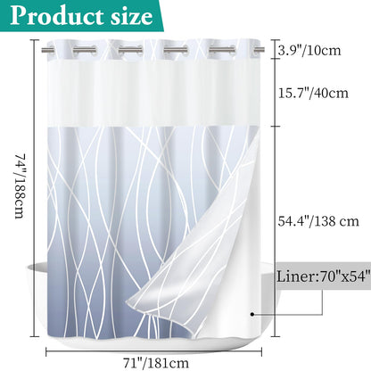 LXBNI No Hook Ombre Blue Striped Shower Curtain with Snap in Fabric Liner Set - Hotel Shower Curtain and Liner Set with See Through Mesh Top Window,Machine Washable, 71x74 INCH