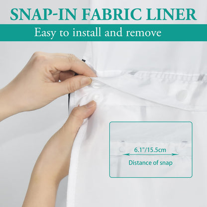 LXBNI No Hook Geometric Striped Shower Curtain with Snap in Fabric Liner Set - Hotel Shower Curtain and Liner Set with See Through Mesh Top Window,Machine Washable, 71x74 INCH - Black White Chevron
