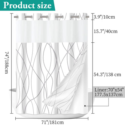LXBNI No Hook Grey White Striped Shower Curtain with Snap in Fabric Liner Set - Hotel Liner Set with See Through Mesh Top Window,Machine Washable, 71x74 INCH