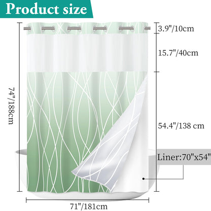 LXBNI No Hook Ombre Green Striped Shower Curtain with Snap in Fabric Liner Set - Hotel Shower Curtain and Liner Set with See Through Mesh Top Window,Machine Washable, 71x74 INCH