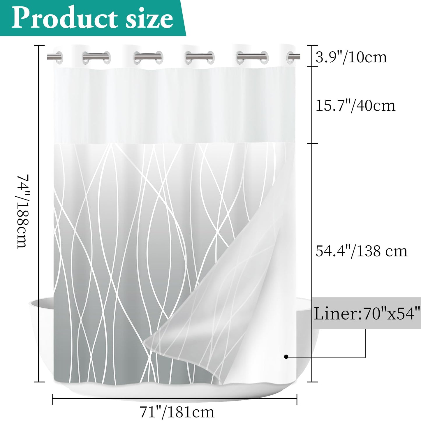 LXBNI No Hook Ombre Light Grey Striped Shower Curtain with Snap in Fabric Liner Set - Hotel Shower Curtain and Liner Set with See Through Mesh Top Window,Machine Washable, 71x74 INCH