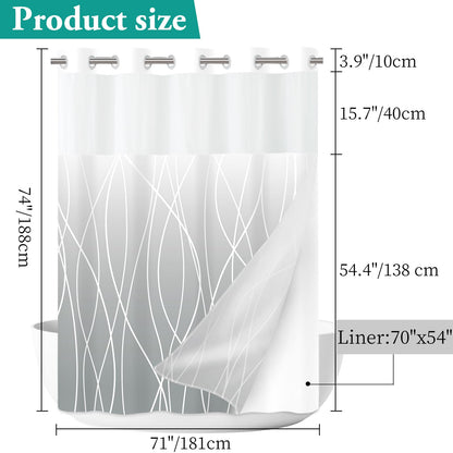 LXBNI No Hook Ombre Light Grey Striped Shower Curtain with Snap in Fabric Liner Set - Hotel Shower Curtain and Liner Set with See Through Mesh Top Window,Machine Washable, 71x74 INCH