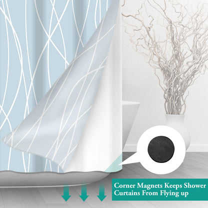 LXBNI No Hook Light Blue Striped Shower Curtain with Snap in Fabric Liner Set - Hotel Shower Curtain and Liner Set with See Through Mesh Top Window,Machine Washable, 71x74 INCH