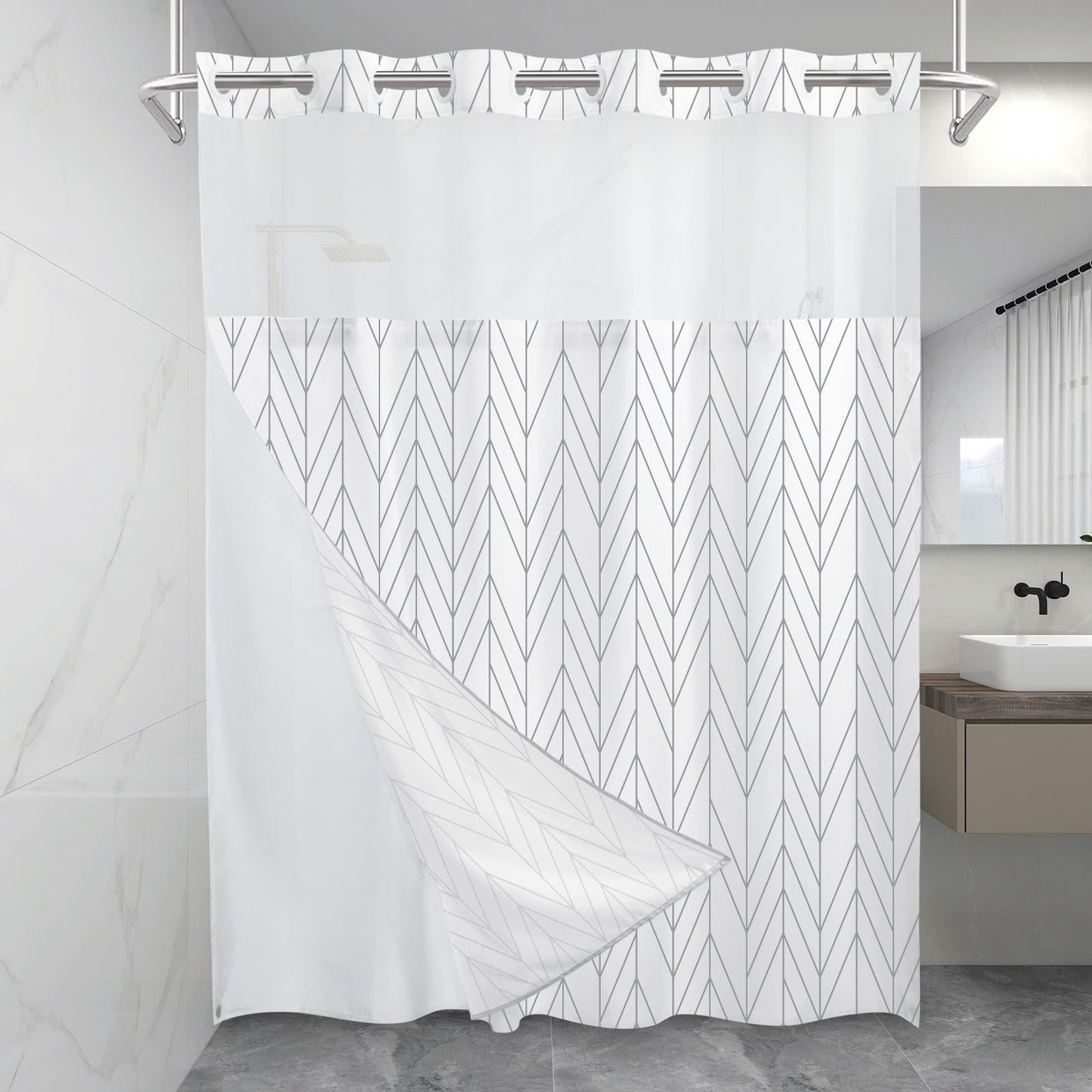 LXBNI No Hook Geometric Striped Shower Curtain with Snap in Fabric Liner Set - Hotel Shower Curtain and Liner Set with See Through Mesh Top Window,Machine Washable, 71x74 INCH- Grey & White Chevron