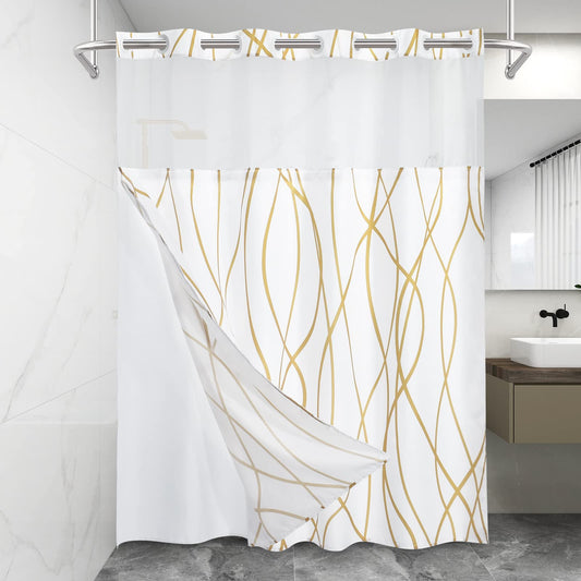 LXBNI No Hook Gold White Striped Shower Curtain with Snap in Fabric Liner Set - Hotel Shower Curtain and Liner Set with See Through Mesh Top Window,Machine Washable, 71x74 INCH