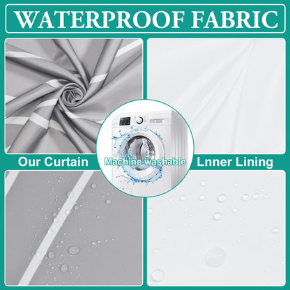 LXBNI No Hook Light Grey Striped Shower Curtain with Snap in Fabric Liner Set - Hotel Shower Curtain and Liner Set with See Through Mesh Top Window,Machine Washable, 71x74 INCH