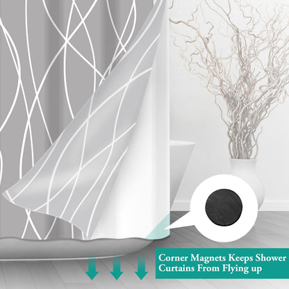 LXBNI No Hook Light Grey Striped Shower Curtain with Snap in Fabric Liner Set - Hotel Shower Curtain and Liner Set with See Through Mesh Top Window,Machine Washable, 71x74 INCH