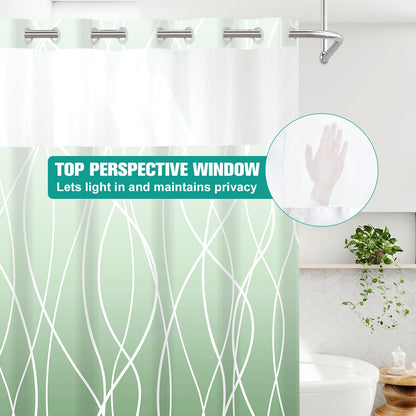 LXBNI No Hook Ombre Green Striped Shower Curtain with Snap in Fabric Liner Set - Hotel Shower Curtain and Liner Set with See Through Mesh Top Window,Machine Washable, 71x74 INCH
