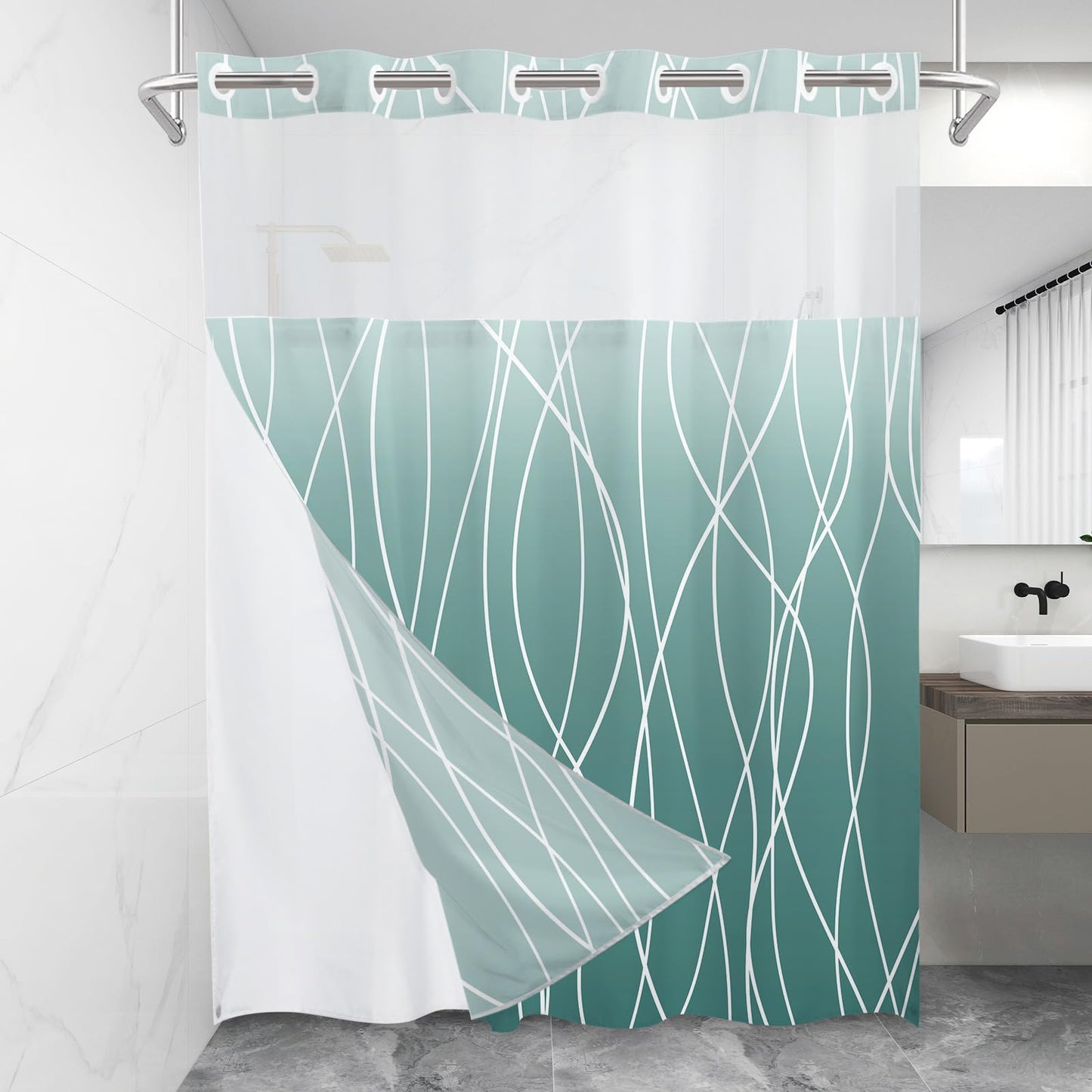 LXBNI No Hook Ombre Teal Striped Shower Curtain with Snap in Fabric Liner Set - Hotel Shower Curtain and Liner Set with See Through Mesh Top Window,Machine Washable, 71x74 INCH