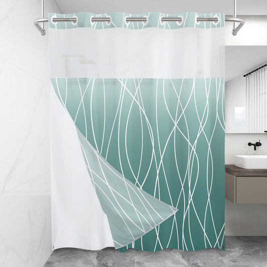 LXBNI No Hook Ombre Teal Striped Shower Curtain with Snap in Fabric Liner Set - Hotel Shower Curtain and Liner Set with See Through Mesh Top Window,Machine Washable, 71x74 INCH