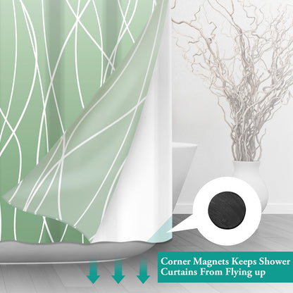 LXBNI No Hook Ombre Green Striped Shower Curtain with Snap in Fabric Liner Set - Hotel Shower Curtain and Liner Set with See Through Mesh Top Window,Machine Washable, 71x74 INCH