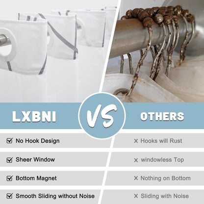 LXBNI No Hook Grey White Striped Shower Curtain with Snap in Fabric Liner Set - Hotel Liner Set with See Through Mesh Top Window,Machine Washable, 71x74 INCH