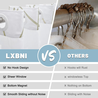 LXBNI No Hook Beige Khaki Striped Shower Curtain with Snap in Liner Set - Hotel Shower Curtain and Liner Set with See Through Mesh Top Window,Machine Washable, 71x74 INCH