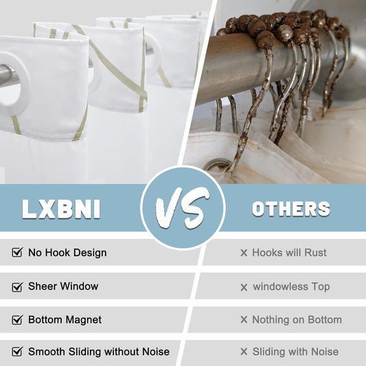 LXBNI No Hook Beige Khaki Striped Shower Curtain with Snap in Liner Set - Hotel Shower Curtain and Liner Set with See Through Mesh Top Window,Machine Washable, 71x74 INCH