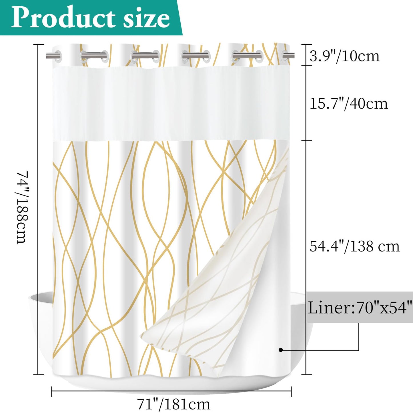 LXBNI No Hook Gold White Striped Shower Curtain with Snap in Fabric Liner Set - Hotel Shower Curtain and Liner Set with See Through Mesh Top Window,Machine Washable, 71x74 INCH