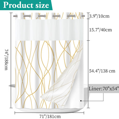 LXBNI No Hook Gold White Striped Shower Curtain with Snap in Fabric Liner Set - Hotel Shower Curtain and Liner Set with See Through Mesh Top Window,Machine Washable, 71x74 INCH