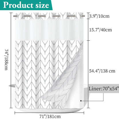No Hook Geometric Striped Shower Curtain with Snap in Fabric Liner Set - Hotel Shower Curtain and Liner Set with See Through Mesh Top Window,Machine Washable, 71x74 INCH - Grey & White Herringbone