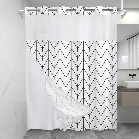 No Hook Geometric Striped Shower Curtain with Snap in Fabric Liner Set - Hotel Shower Curtain and Liner Set with See Through Mesh Top Window,Machine Washable, 71x74 INCH - Black & White Herringbone